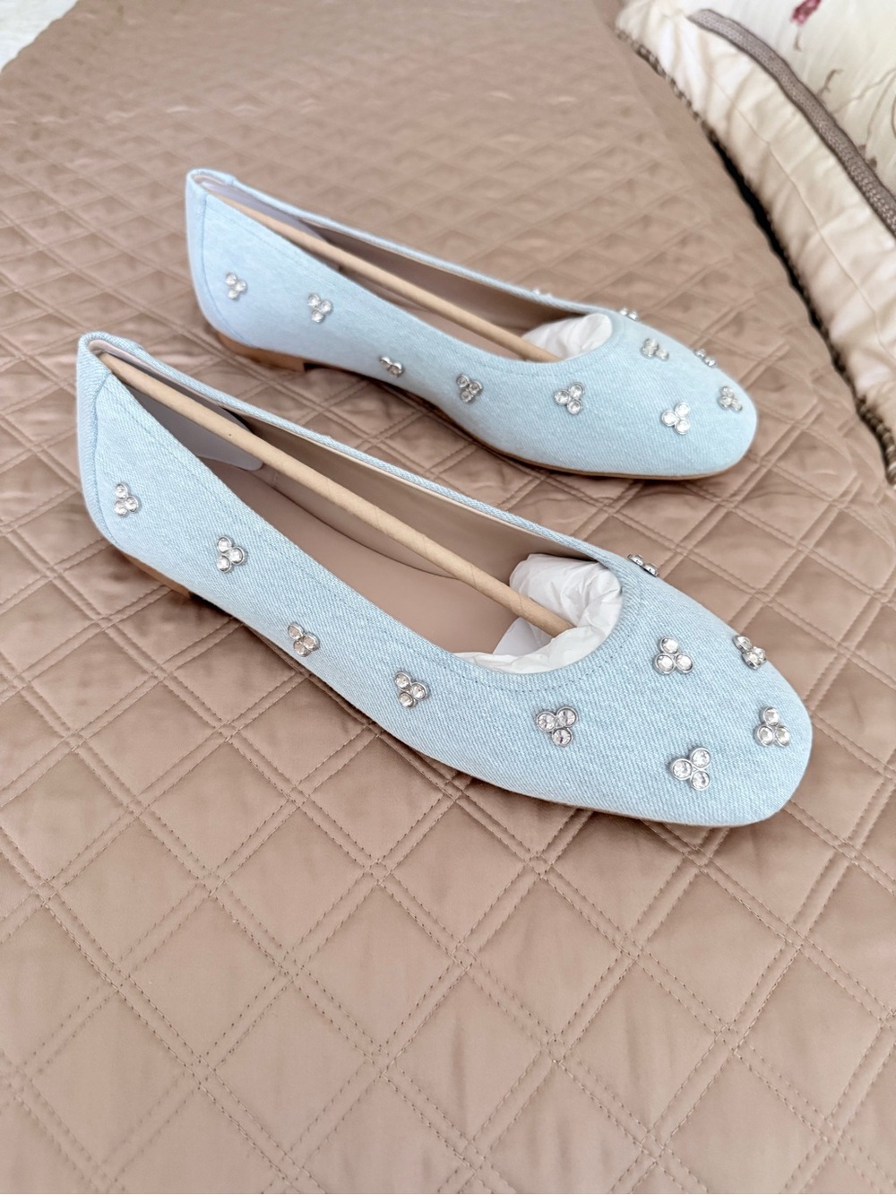 Stuart Weitzman Light Blue Denim Jeweled Ballet Flats